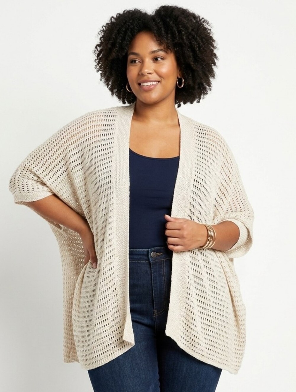 Max Studio Plus Size Open-Front Crochet Cardigan - Cream